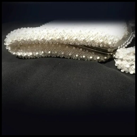 Vintage White Beaded Handbag With Clear Beads, Top Handle Purse VFG - Picture 6 of 15